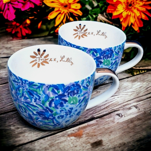Lilly Pulitzer Ceramic Mugs Set of 2 Blue Floral/Gold 12 fl oz NWOT - Picture 6 of 7